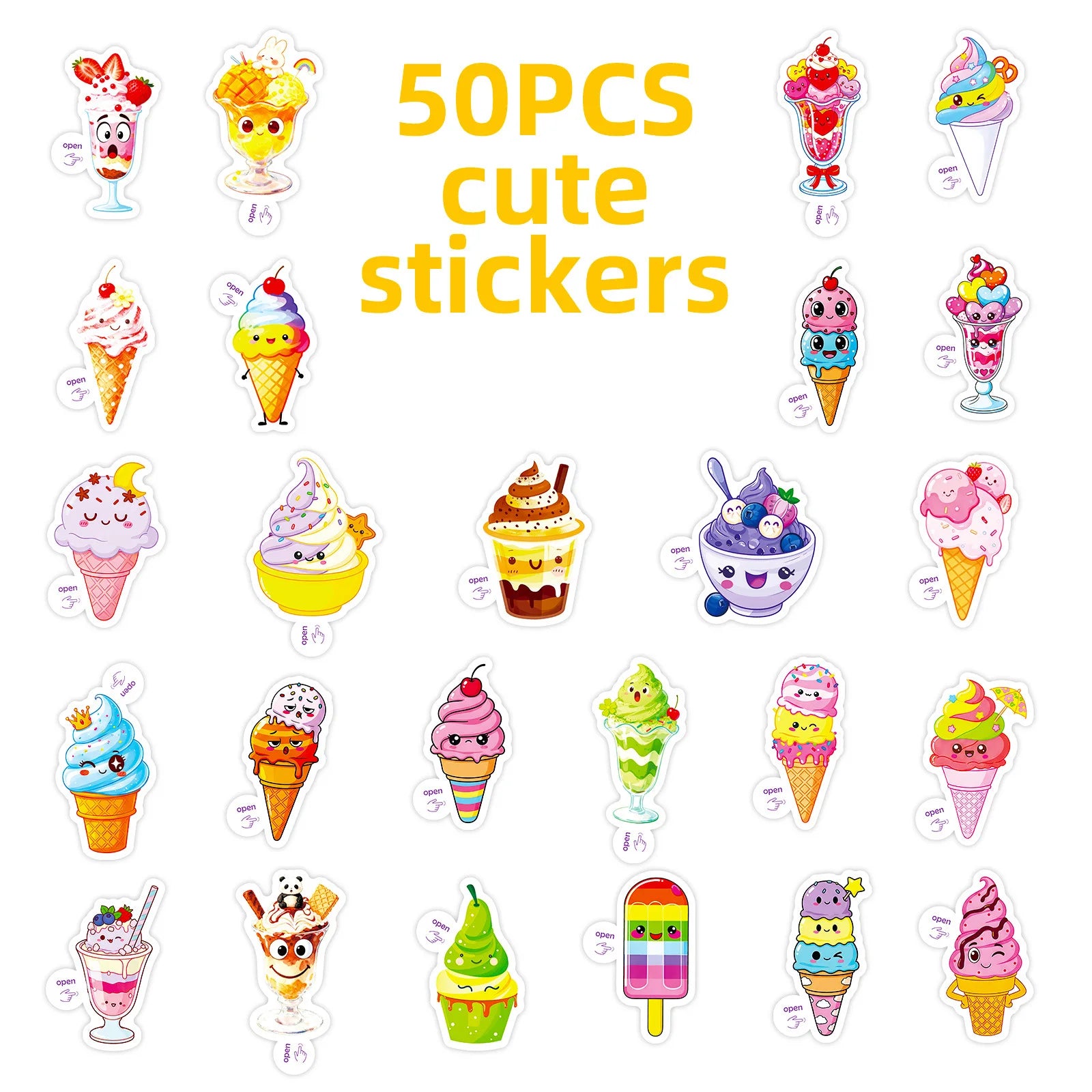 50PCS Cartoon Ice Cream Cute Doodle Stickers Easy Peel Kids DIY Fun Craft Student Notebook Tablet Decorative Sticker