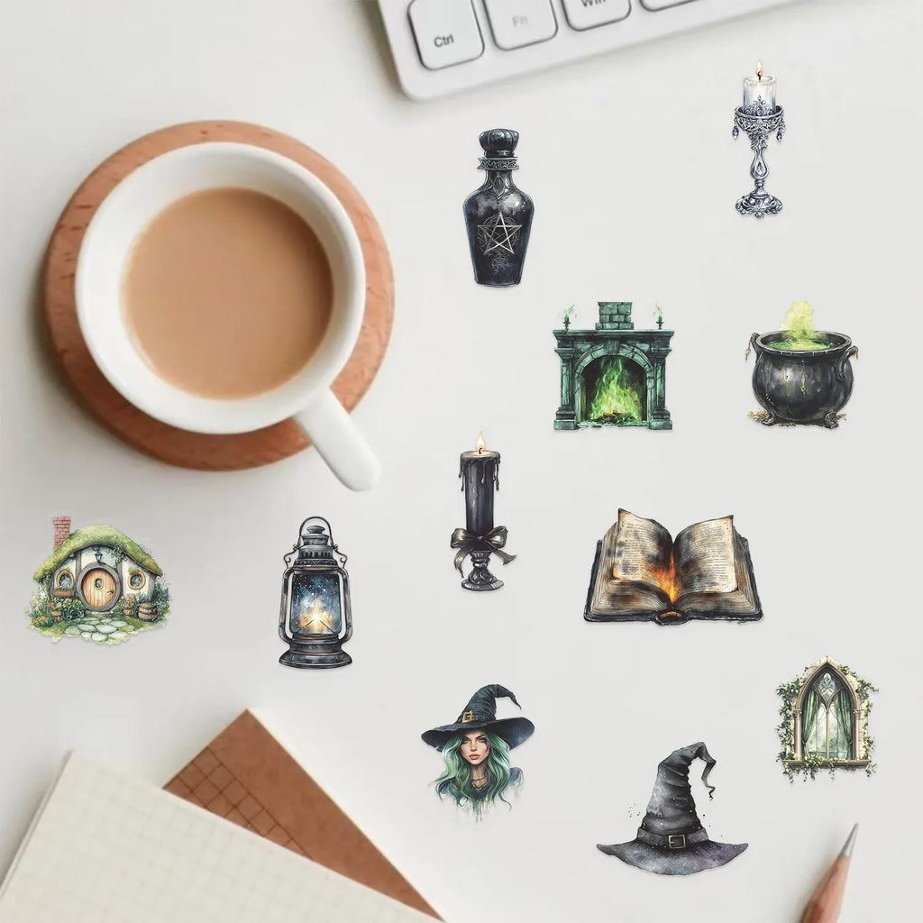 100PCS Black Retro Magic Forest Witch Series Stickers DIY Decorative Flat Transparent Stickers