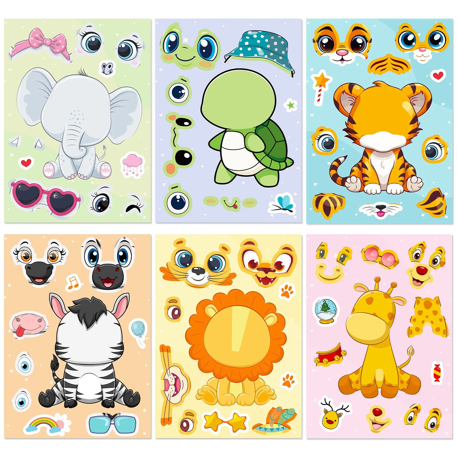 6Sheets Cute Cartonn DIY Puzzle Sticker Games Animals Make A Face Funny Assemble Stickers Decor
