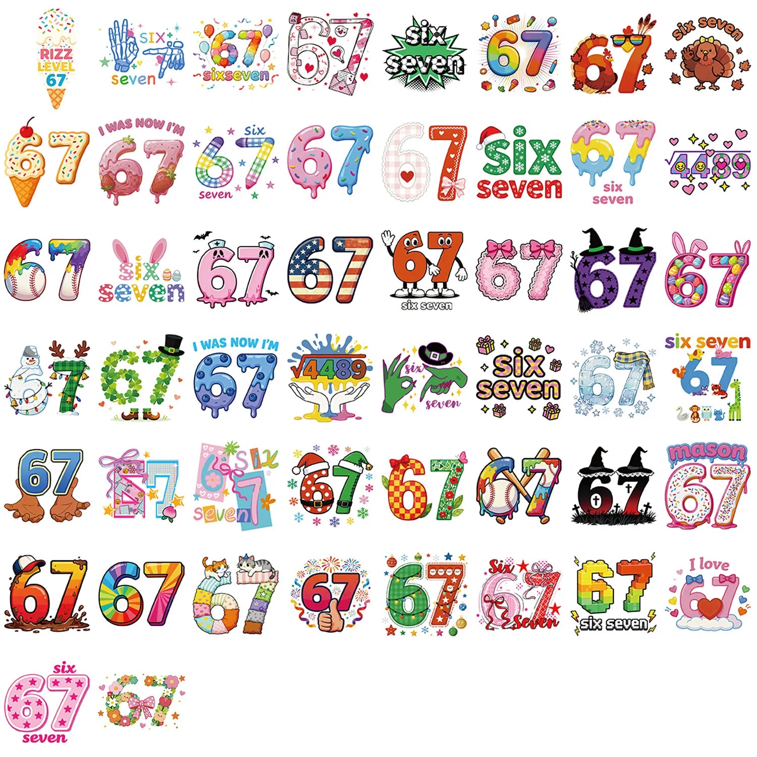 50/100PCS Cartoon Number 67 Doodle Stickers, Creative Decals for Guitar Notebook Suitcase Stationery Phone Case DIY Decor
