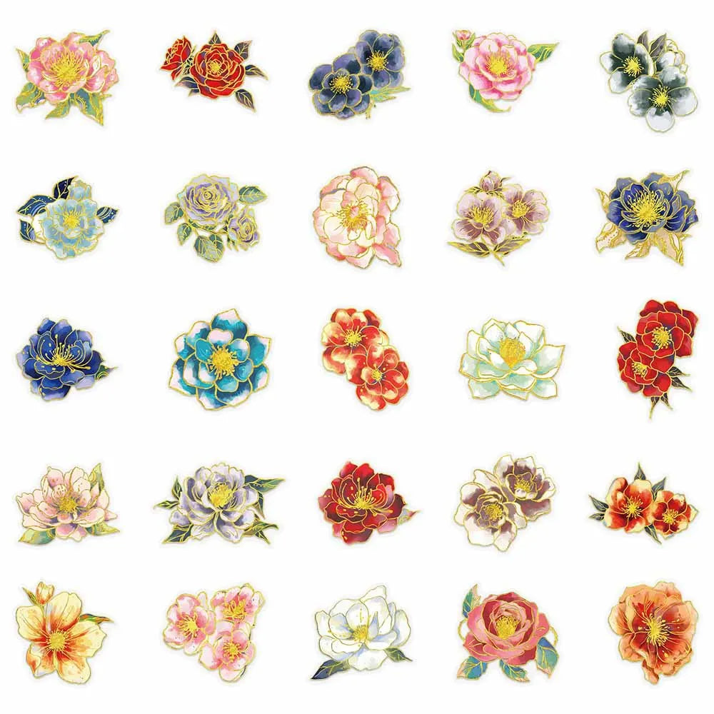 50-Pack Elegant Floral Gold-Stamped Decals for Notebooks Phones Water Cups DIY Decoration - Premium Quality Stickers