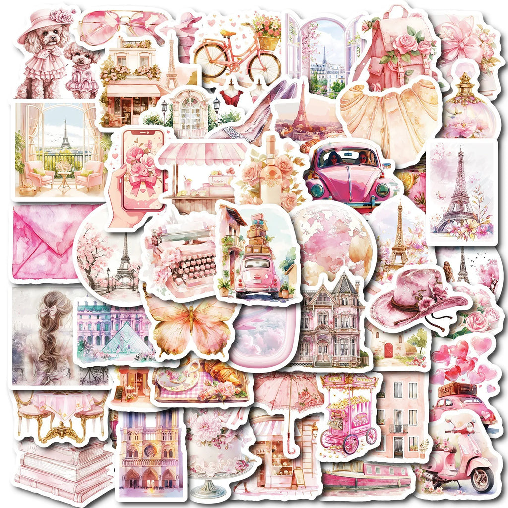 50/100PCS Pink Retro Paris Items Waterproof Stickers DIY Mobile Skateboarding Creative Stationery Stickers