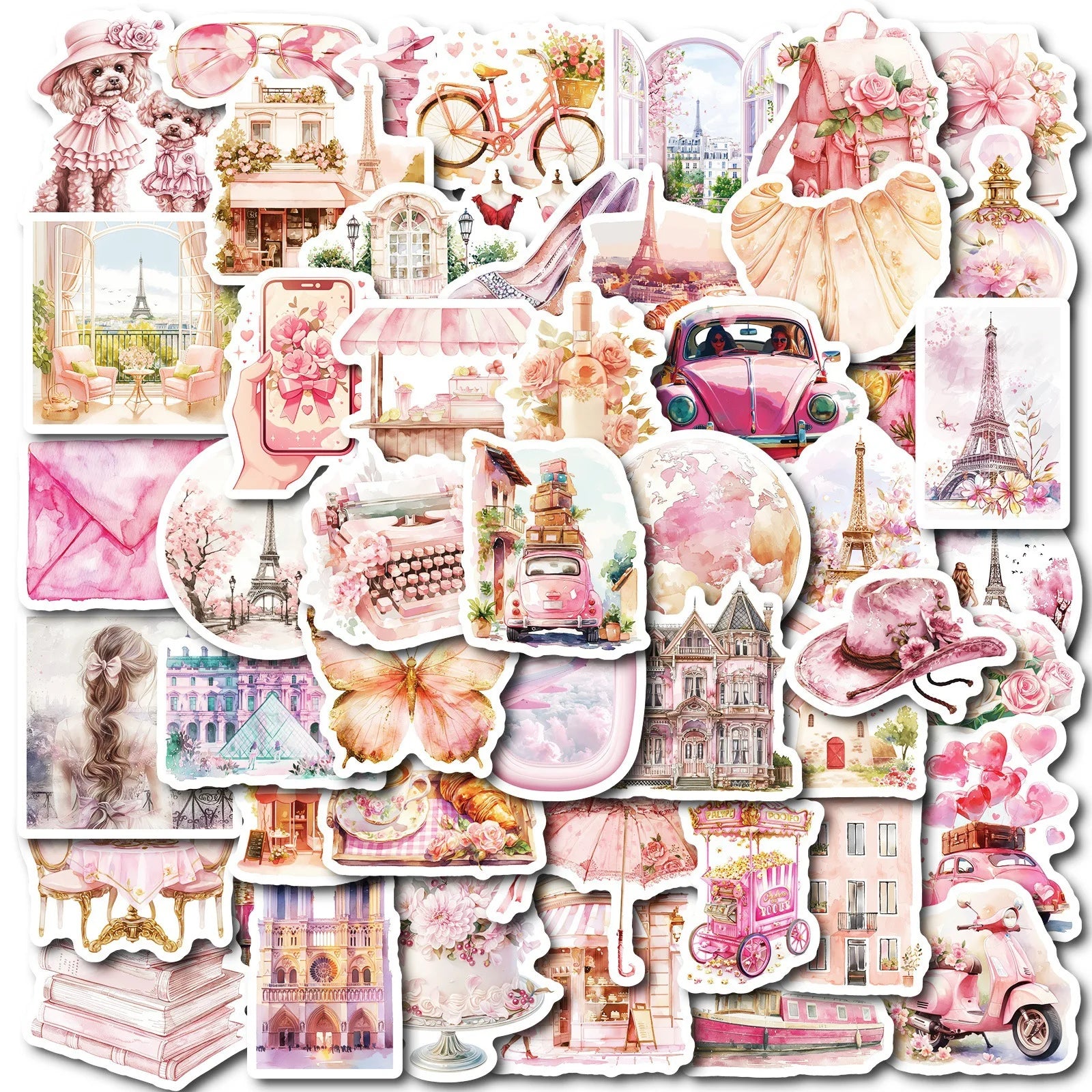 50/100PCS Pink Retro Paris Items Waterproof Stickers DIY Mobile Skateboarding Creative Stationery Stickers