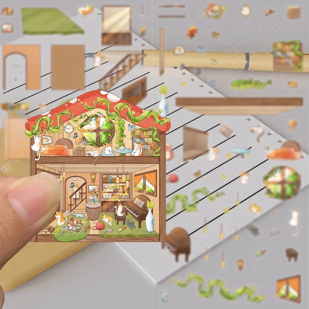 2PCS Notebook Cartoon Cat House Landscape Creation Sticker Aesthetic Scrapbook Suitcase Coffee Stationery Bumper Paper Stickers