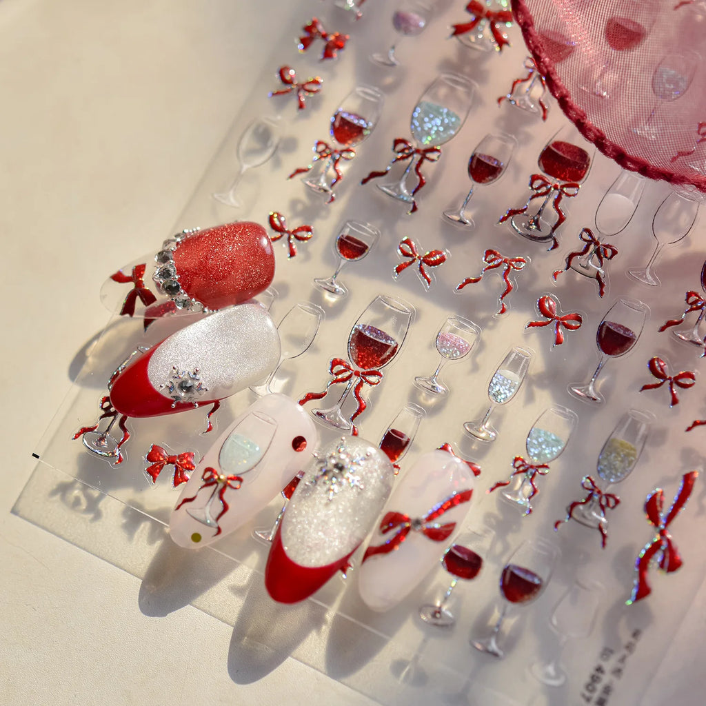 Wine Glass Bows Nail Charms Stickers Metal Nail Art Stickers 3D Exquisite Ribbon Nail Decoration Decals DIY Self Adhesive Decals