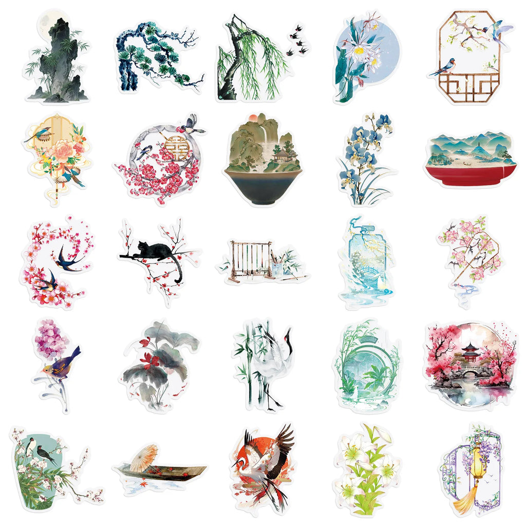 50/100PCS Chinese Style Element Stickers Retro Ink Graffiti Transparent PET DIY Decor Waterproof Stationery Notebook Stickers