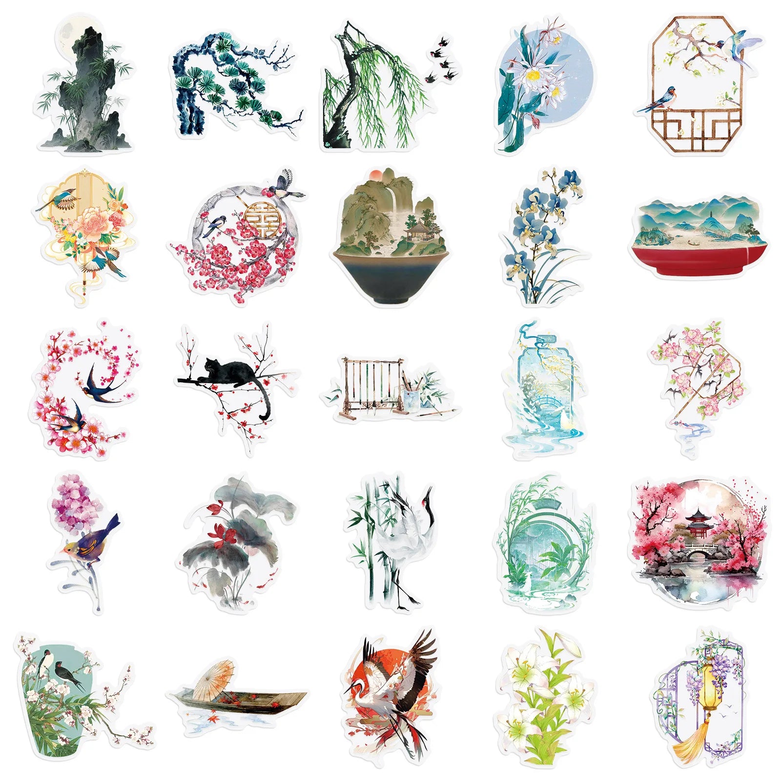 50/100PCS Chinese Style Element Stickers Retro Ink Graffiti Transparent PET DIY Decor Waterproof Stationery Notebook Stickers