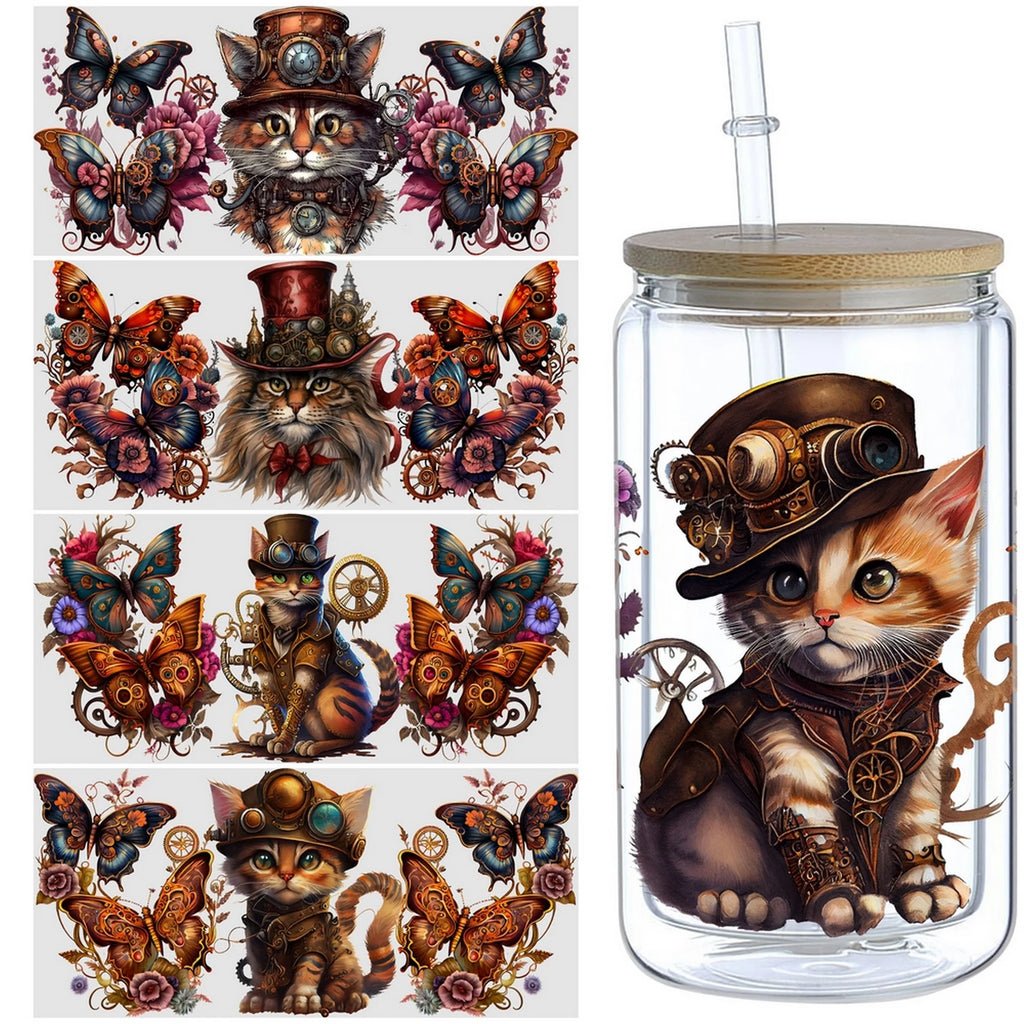 5 sheets Steampunk UV DTF Cup Stickers, DTF Friction Transfer Stickers, Waterproof Cartoon Transfer Stickers for 16oz Glass Cups