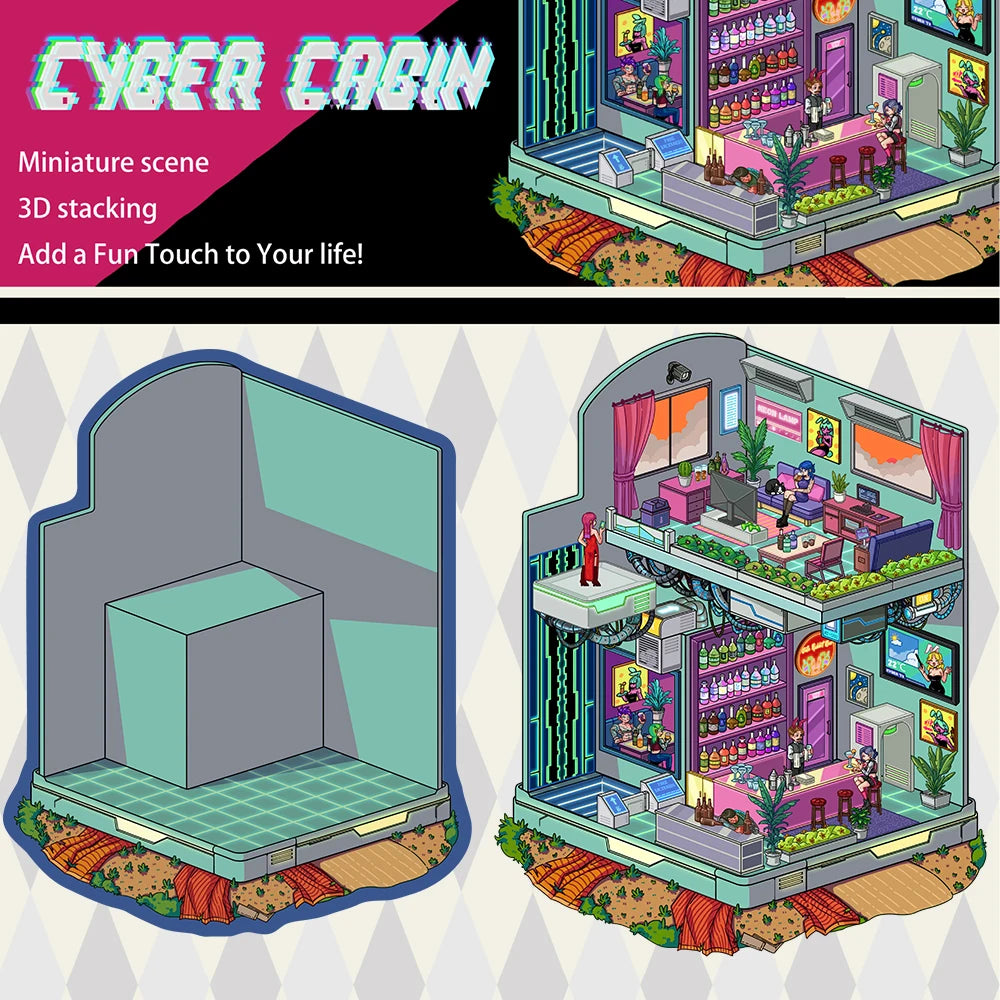2PCS Cyber Cabin Landscaping Sticker Laptops Luggage Paper Decompression Coffee Phone Phones Creative Waterproof Room Bar Decor