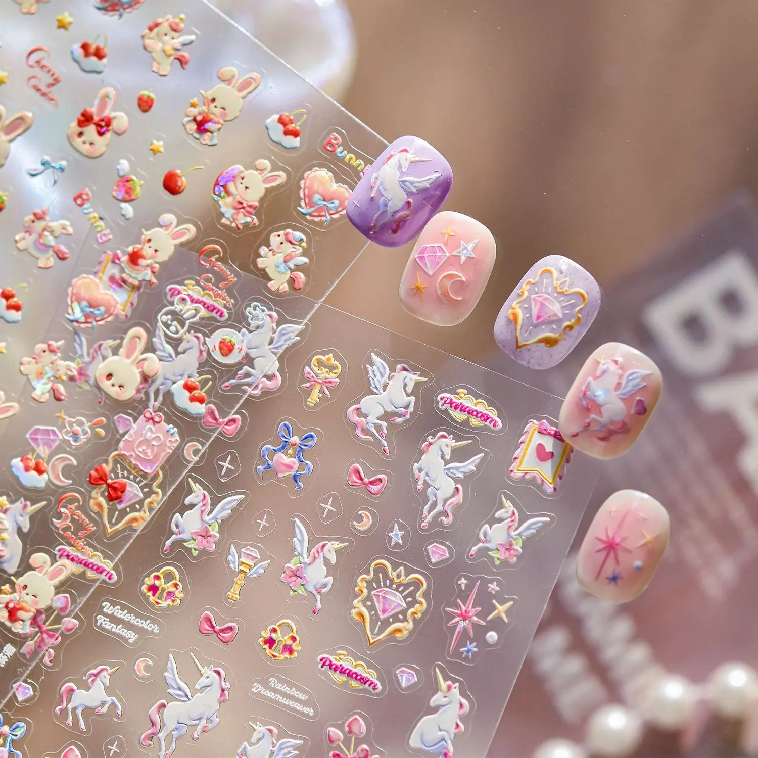 strawberry Cherry Bunny Nail Stickers Shell Light Dreaming Unicorn Nails Art Accessories Stickers Self Adhesive Nail Decals DIY