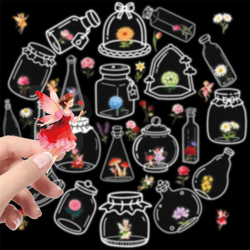 56PCS Kawaii Flower Bottle PET Sticky Sticker Aesthetic Tear Open DIY Decoration Scrapbooking School Stationery Supplies