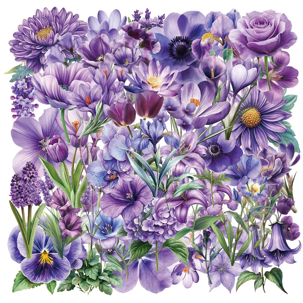 50Pcs Cartoon Purple Flower Sticker Packs Waterproof Transparent PET Decor Guitar Notebook Stationary Stickers