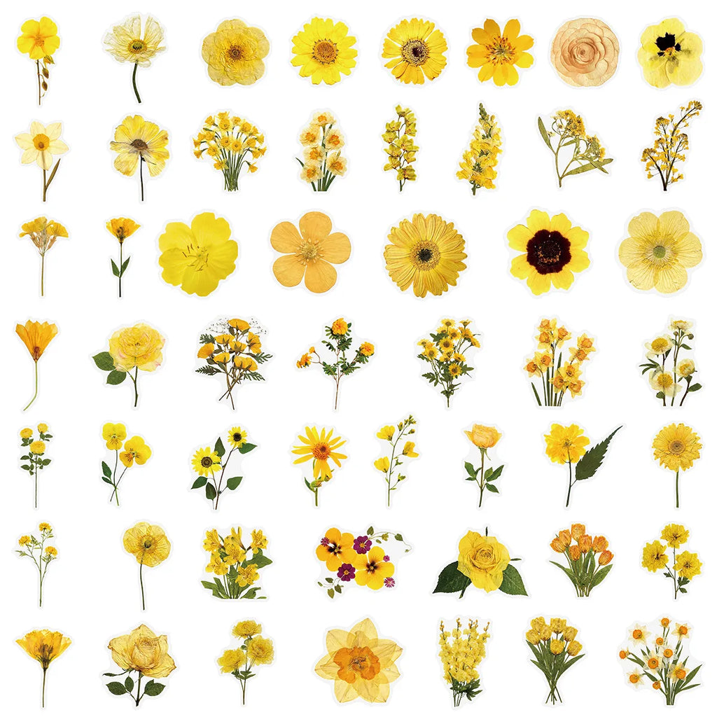 50/100PCS Transparent PET Yellow Flower Stickers Notebook Luggage Phone Waterproof Stickers