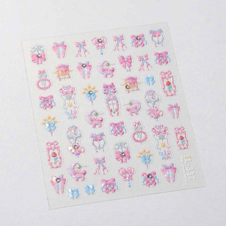 Rabbit and Bear Star Ribbon Ribbon Charms Nail Art Stickers 5D Reliefs Nail Sticker Cartoon Designs Adhesive Nail Decor Stickers