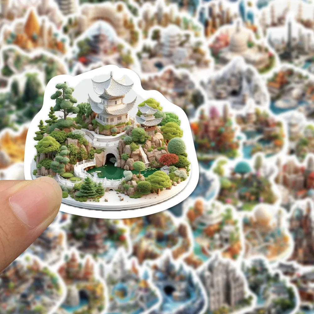 50PCS Creative 3D Small World Micro Landscape Stickers for Mobile, Computer, Tablet, Waterproof Stationery System Stickers