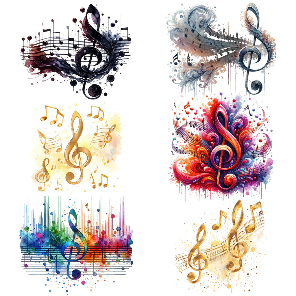6  sheets Musical Note Theme Iron-On Decals T-Shirt Heat Transfers Suitable for DIY, Music, T-Shirts, Masks, Jeans, Backpacks