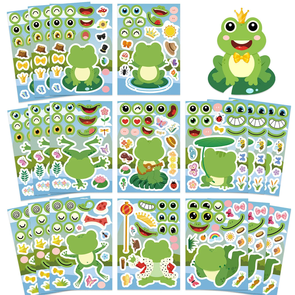 8/16/24Pcs Cartoon Frog Puzzle Large Size Make a Face Stickers for DIY Toys Decoration on Suitcase Fridge Album Notebook Decals