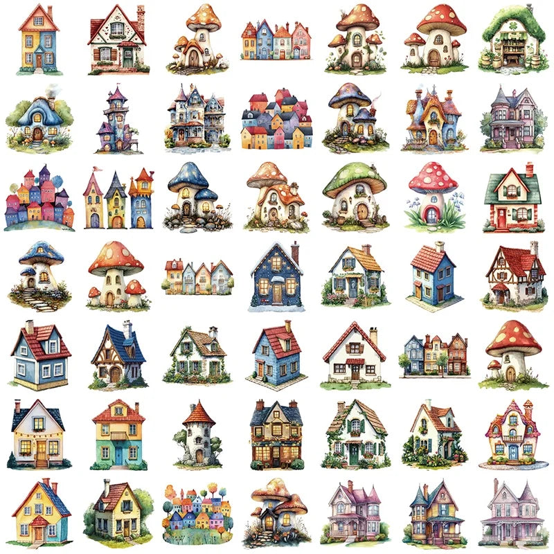 50PCS Kawaii Fairy Tale Castle PET Sticky Sticker Aesthetic Tear Open DIY Decoration Scrapbooking School Stationery Supplies