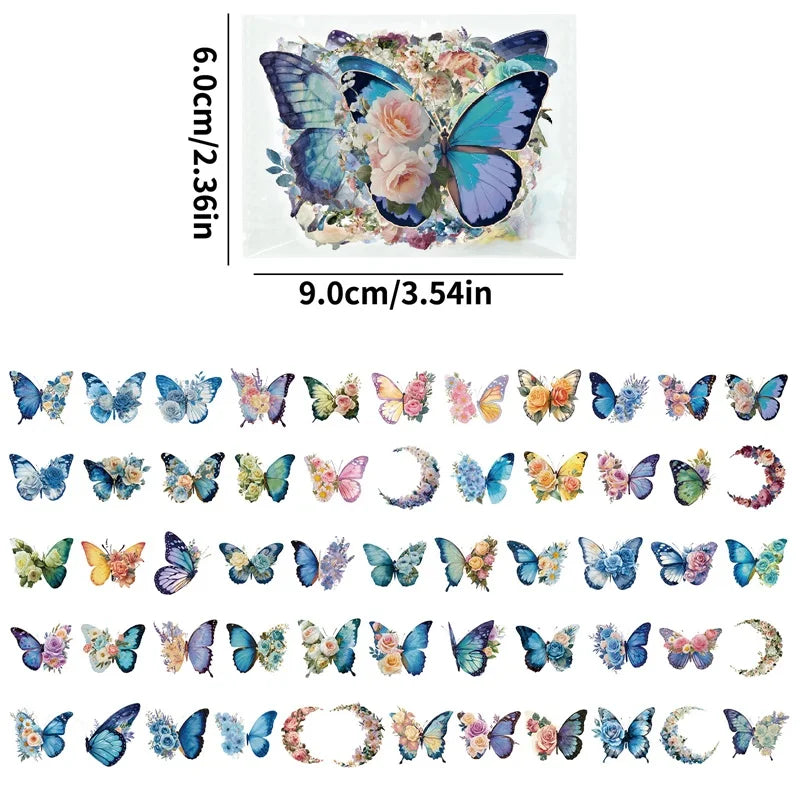 56PCS Cartoon Blue Butterfly PET Sticky Sticker Aesthetic Tear Open DIY Decoration Scrapbooking Sketchbook Supplies for Kids
