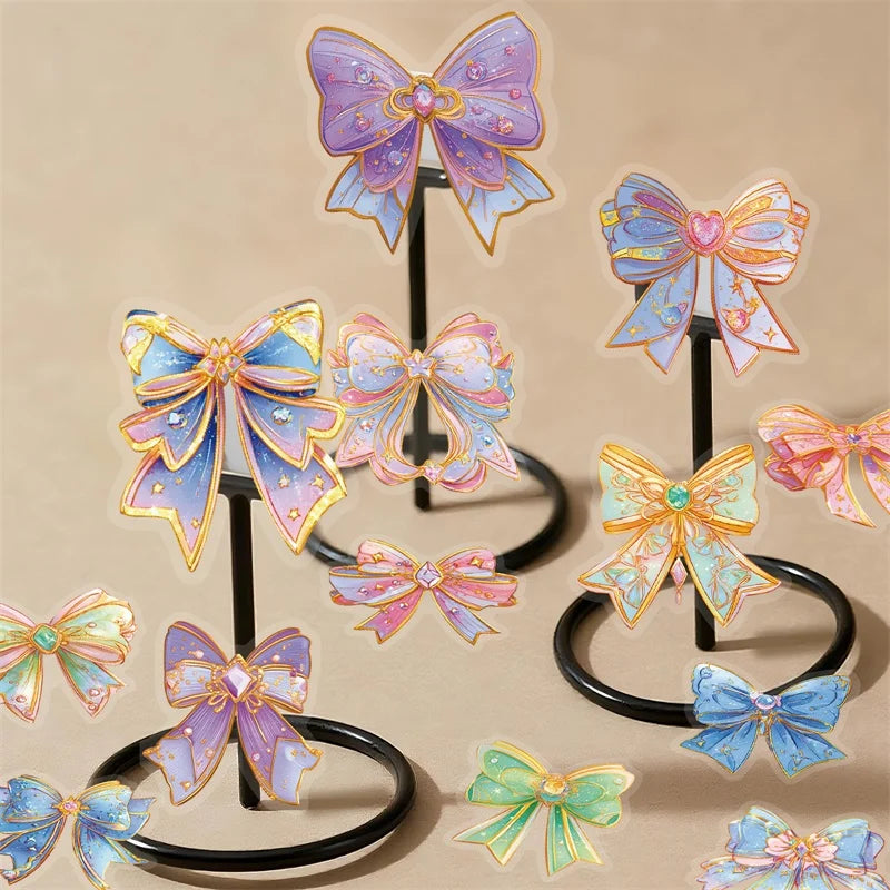 56PCS Kawaii Dreamy Bow PET Sticky Sticker Aesthetic Tear Open DIY Decoration Scrapbooking Sketchbook Supplies for Kids