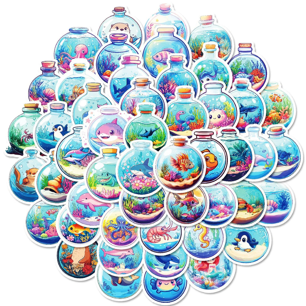 50-Pack Round Underwater World Cartoon Ocean Creature Stickers for Student Stationery Notebook Diary Luggage Decoration