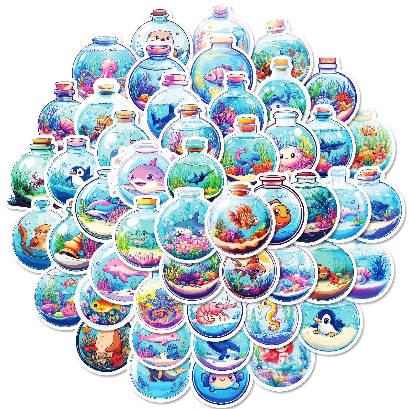 50-Pack Round Underwater World Cartoon Ocean Creature Stickers for Student Stationery Notebook Diary Luggage Decoration