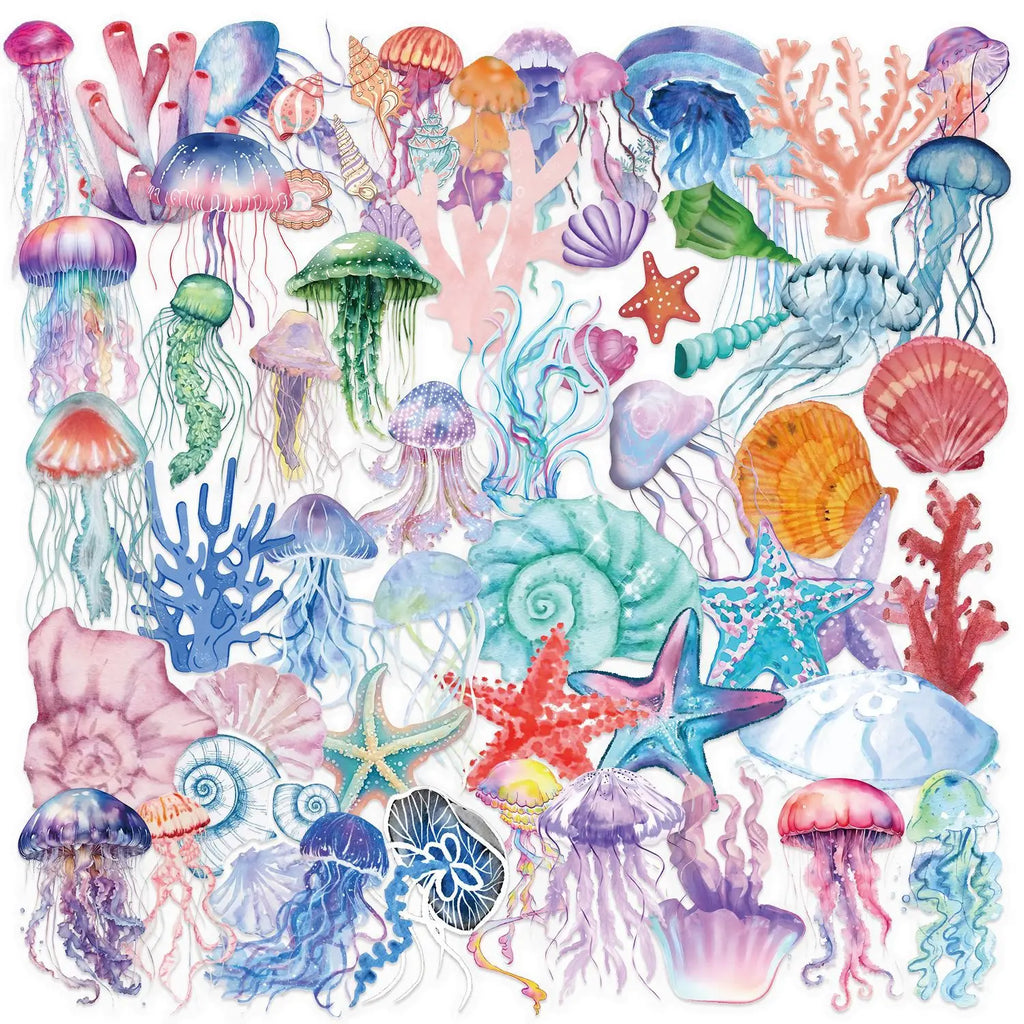 50PCS Set of Tropical Fish Graffiti Stickers Jellyfish Sea Star Shell Coral Stickers Decorative Frame DIY Waterproof Stickers
