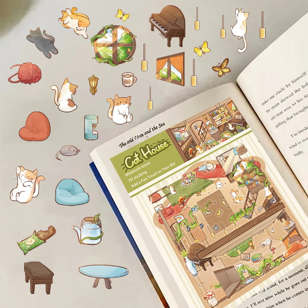 2PCS Notebook Cartoon Cat House Landscape Creation Sticker Aesthetic Scrapbook Suitcase Coffee Stationery Bumper Paper Stickers