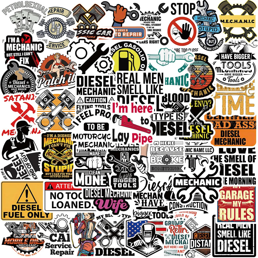 50PCS Diesel Mechanic Stickers Photocard Gift Art Picture Cartoon Laptop Luggage Skateboard Community Decoration Reward Sticker