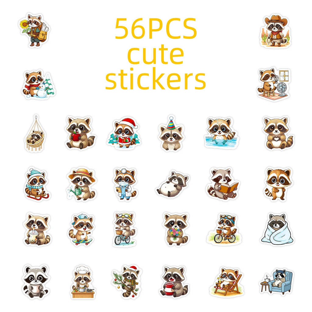 56/112PCS Cute Cartoon Raccoon Graffiti Stickers Luggage Skateboard Decoration Stickers