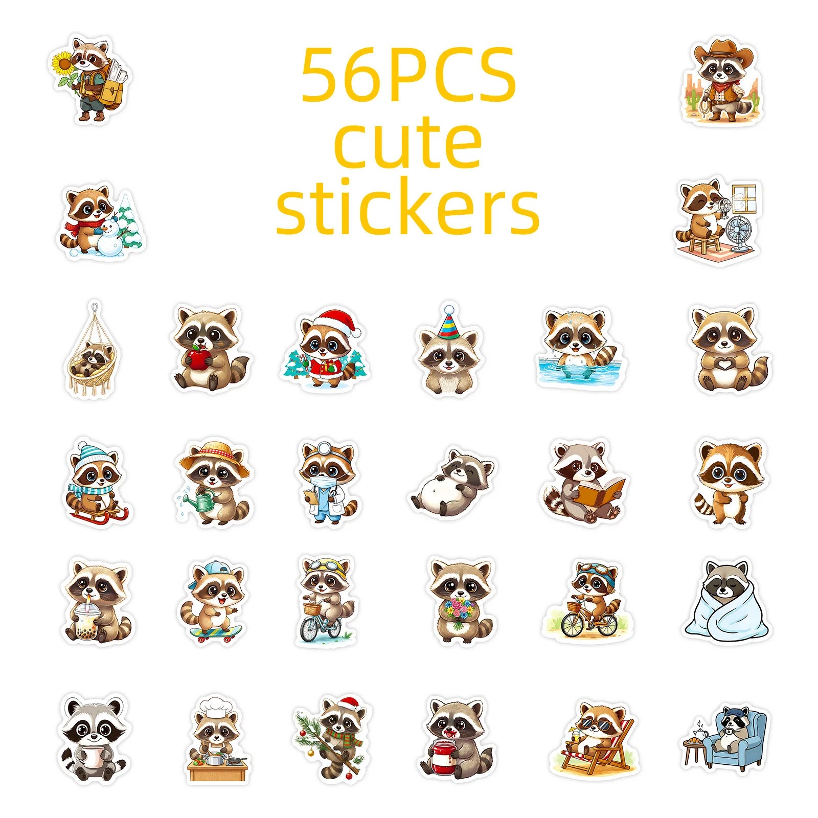 56/112PCS Cute Cartoon Raccoon Graffiti Stickers Luggage Skateboard Decoration Stickers