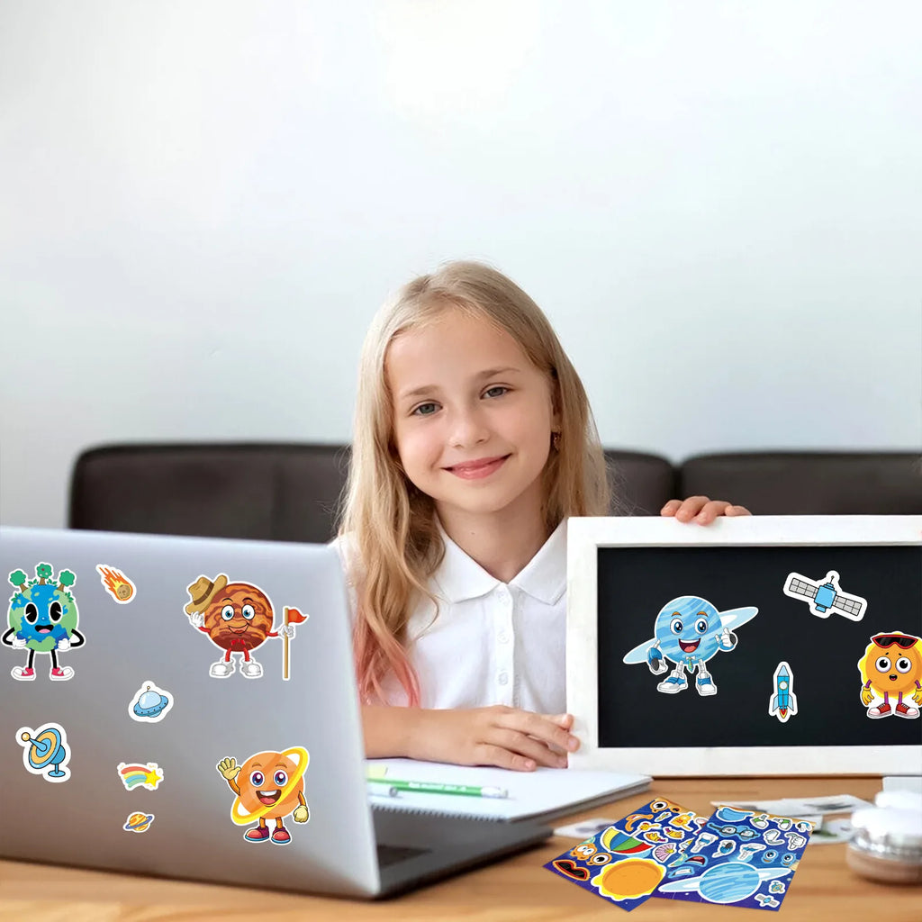 8-Pack Cute Cartoon Planet Character Puzzle Stickers Students Supplies Notebook Luggage Waterproof Decorative DIY Decals Sticker