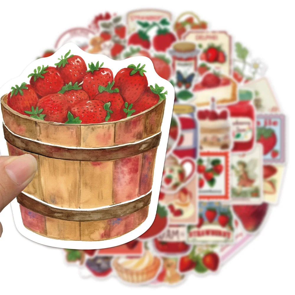50PCS Red Strawberry Ins Fun DIY Stickers Scrapbook Manual Mobile Luggage Skateboard Waterproof Stickers