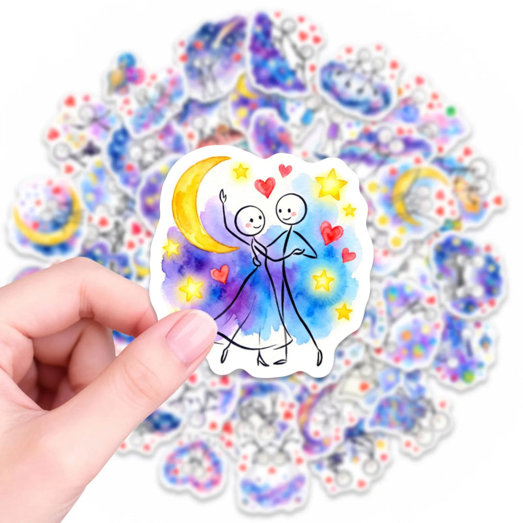 50/100 Pcs Galaxy Watercolor Stick Figure Couple Stickers Dreamy Minimalist Waterproof for Atmosphere Phone Laptop Diary Decals