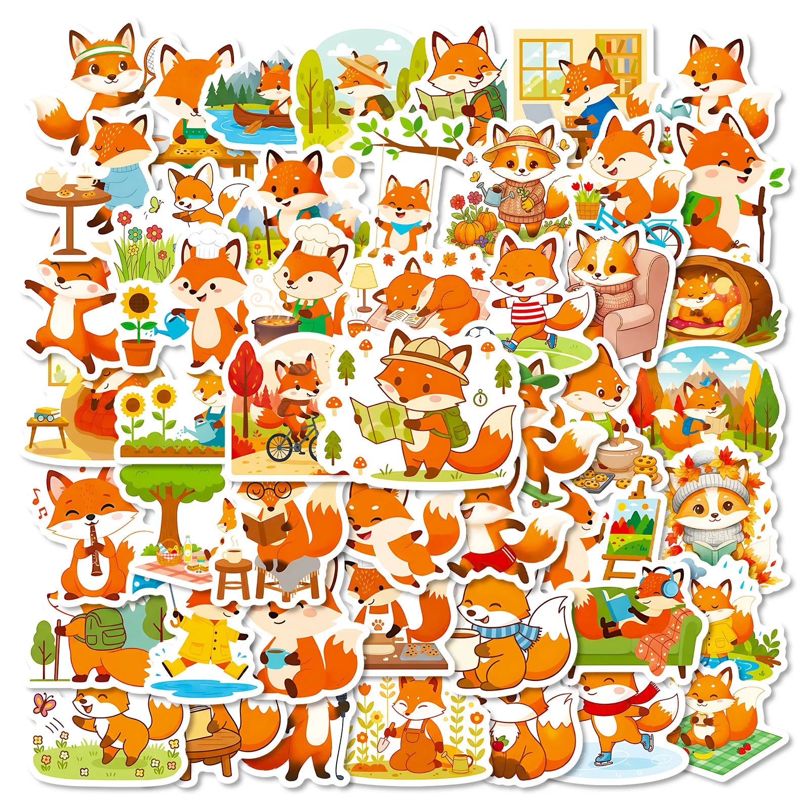 56/112 Pcs Cartoon Fox Doodle Stickers Creative Handmade DIY Toy for Stationery Box Desk Notebook Fridge Drawer Guitar Decals