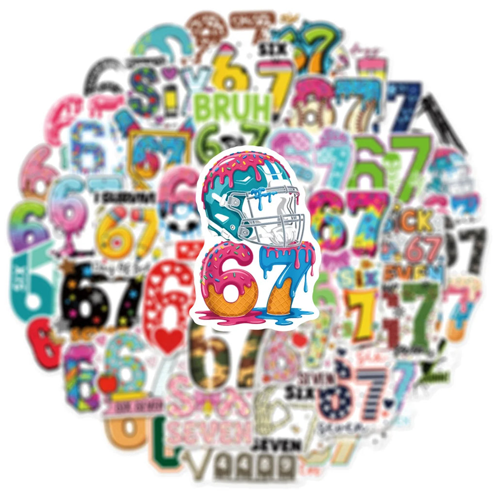 50/100 Pcs Unique Fun Colorful Number 67 Doodle Stickers DIY Game for Skate Helmet Cup Phone Waterproof Decals