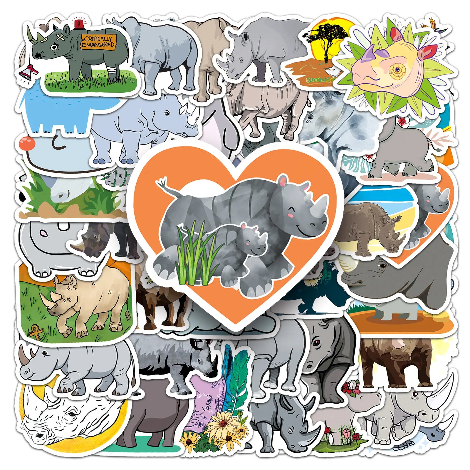 50-Pack Waterproof Rhino Cartoon Animal Graffiti Stickers for DIY Notebook Mobile Phone Luggage Decoration