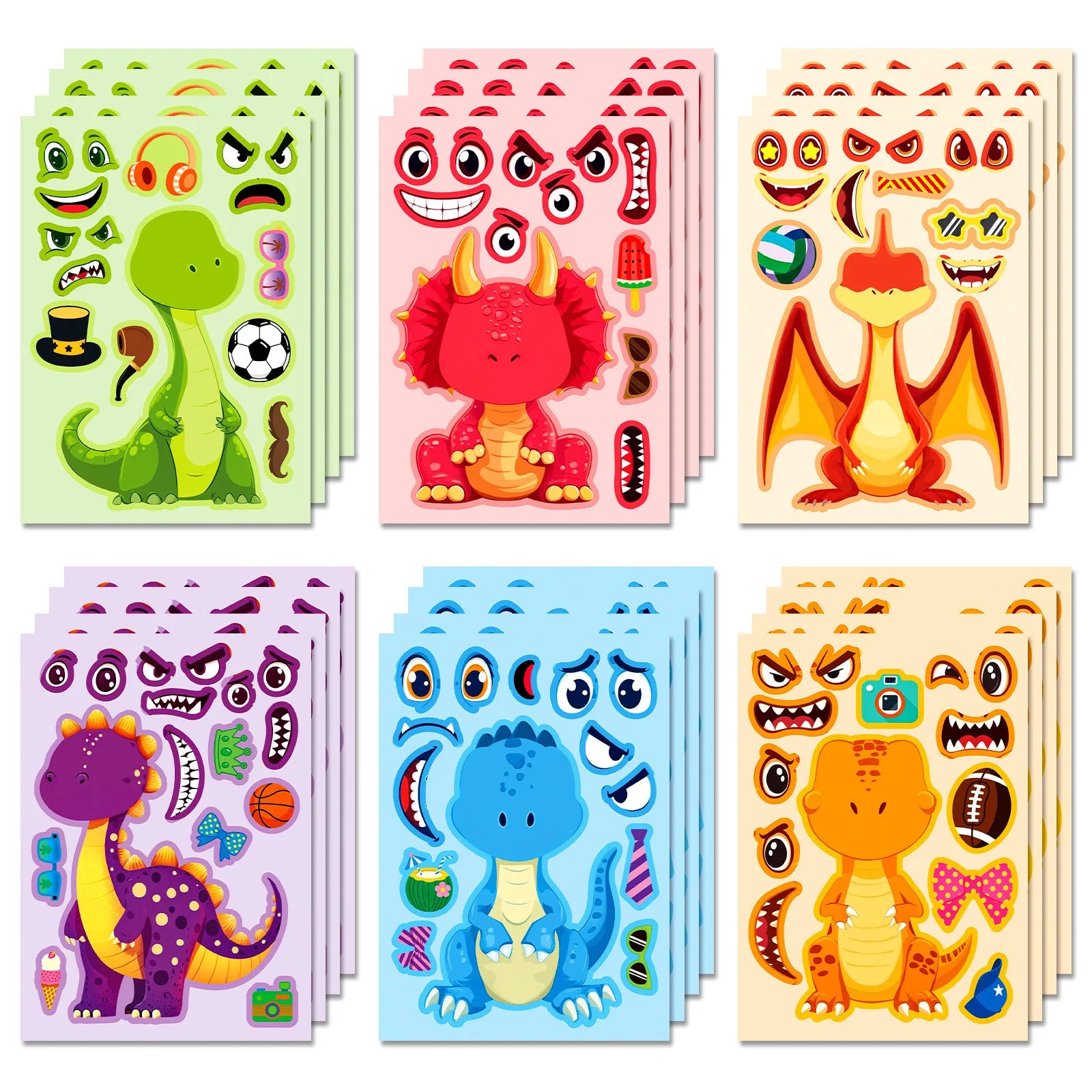6/12PCS Dinosaur Puzzle Face Changing Stickers Cute Cartoon Children's Toys Stationery Reward Stickers