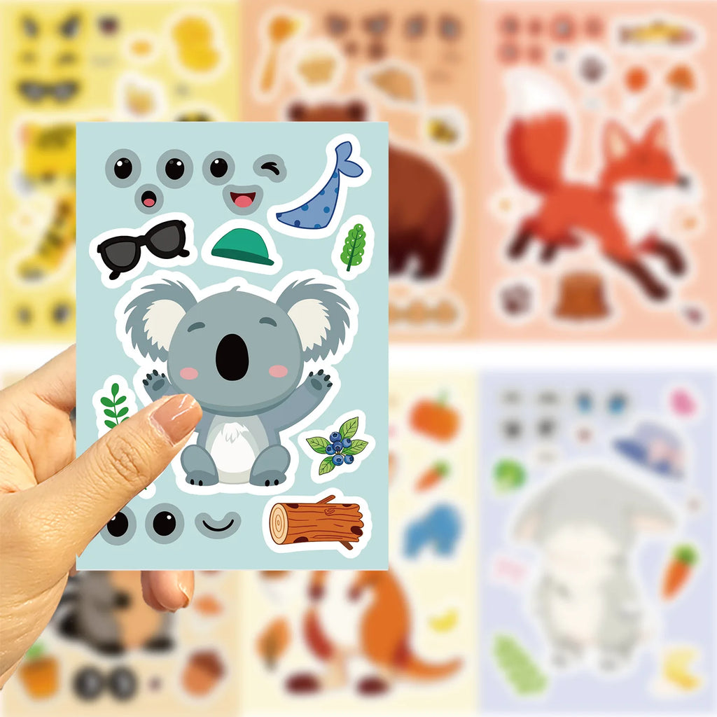 8/16/24PCS Puzzle Stickers Cartoon Animal Make a Face Stickers DIY Handicrafts Waterproof Stationery Notebook Stickers