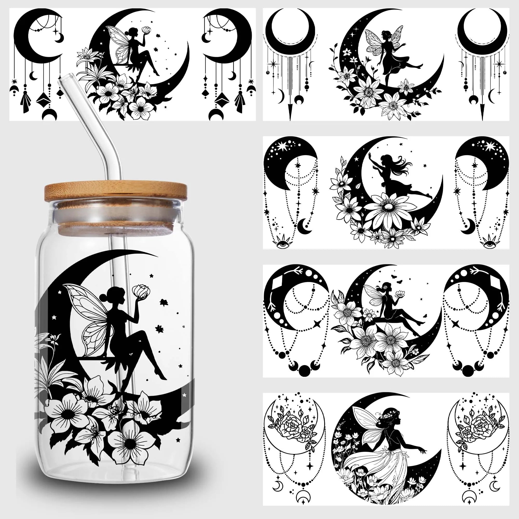 5 Sheets Moon Fairy UV DTF Cup Stickers, Glass Cup DTF Transfer Stickers, Waterproof Wipeable Transfer Paper
