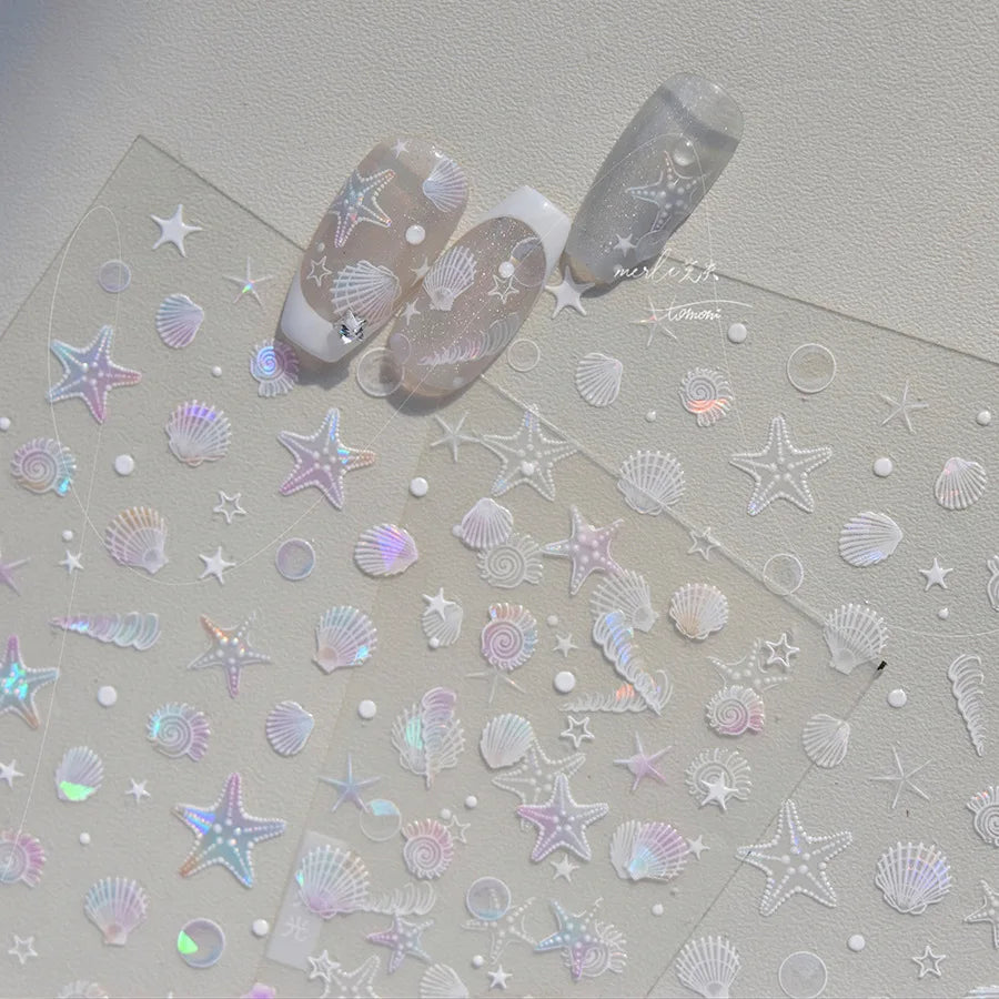 Shell Light Nail Stickers Ice Transparent Summer Beach Ocean Shell Starfish Stars Bubble Nail 3D Decorations Nail Art Stickers