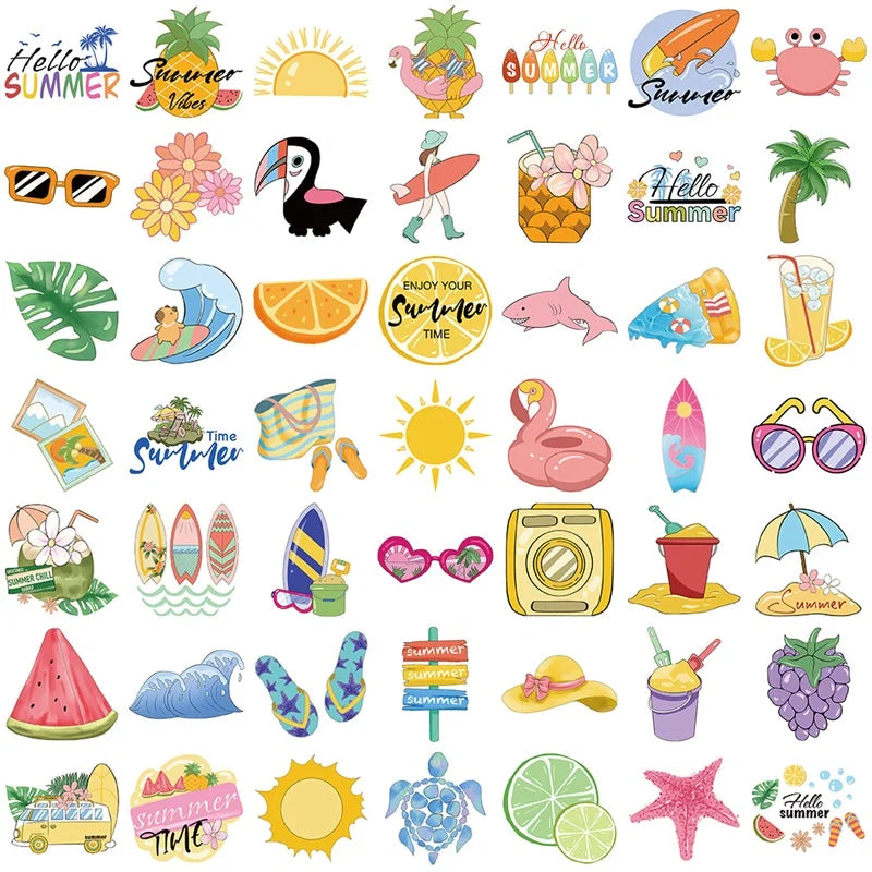 10/30/50PCS Pink Happy Summer PVC Sticky Sticker Aesthetic DIY Decoration Scrapbooking Children's School Supplies