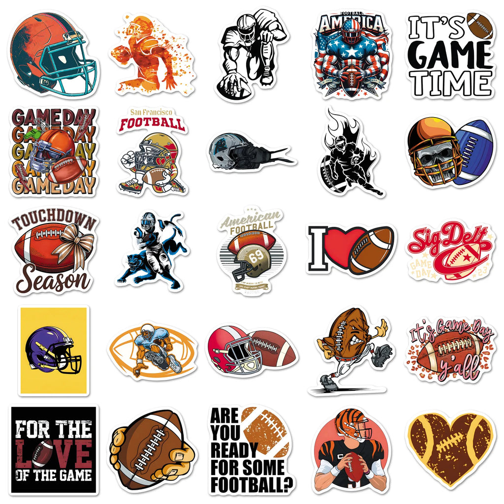 50Pcs US Football Sports Stickers, Waterproof Student Notebook Decals Phone Car Skateboard Fridge Luggage Decor Stickers
