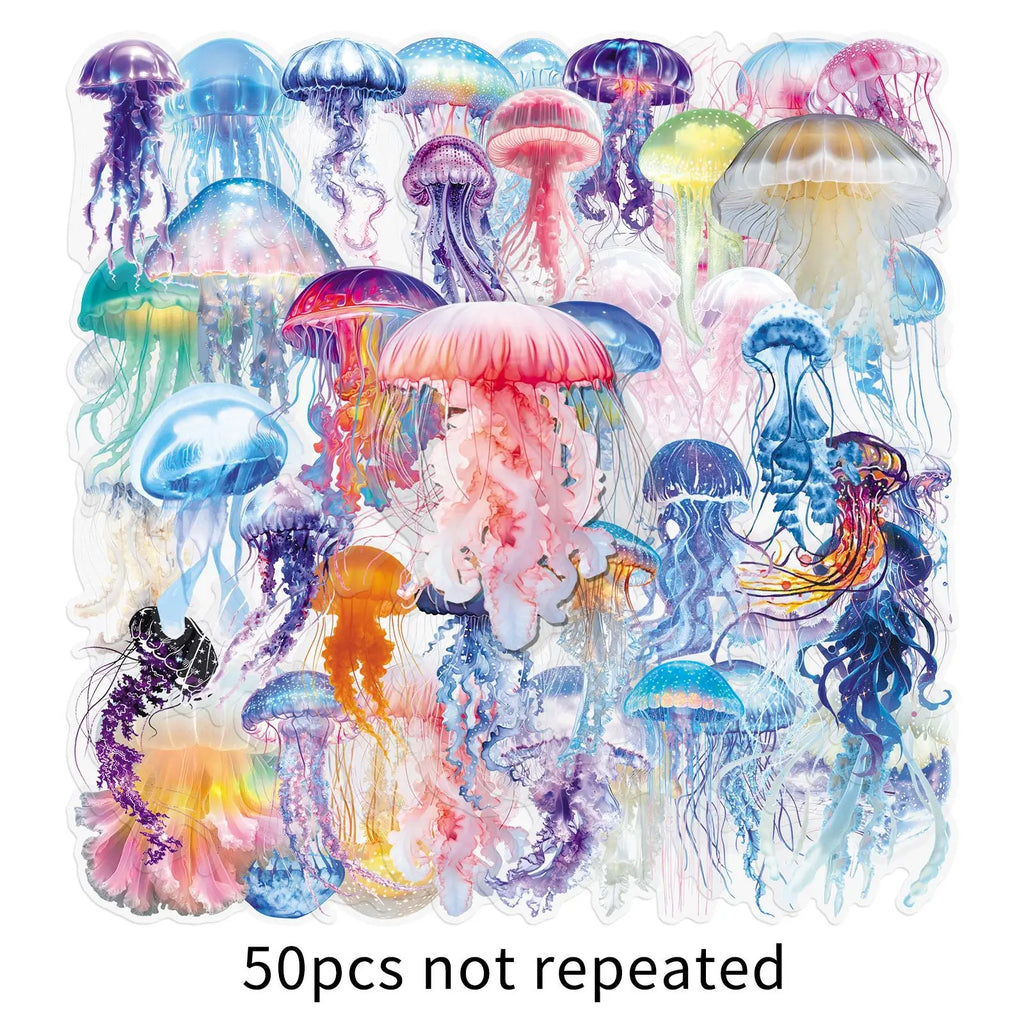 50PCS Cartoon Jellyfish Ocean Stickers, Clear PET Decals for Notebook Stationery Guitar Fridge Book Desk Decor
