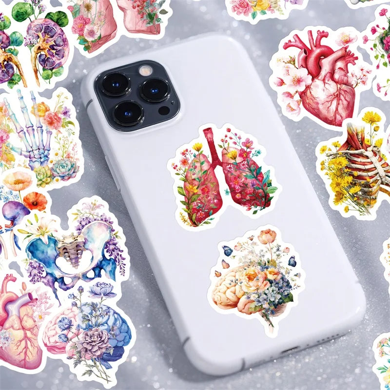 10/30/56PCS Cute Flower Skull Organs PVC Sticky Stickers Aesthetic Colored DIY Phone Laptop Luggage Skateboard Graffiti Decals