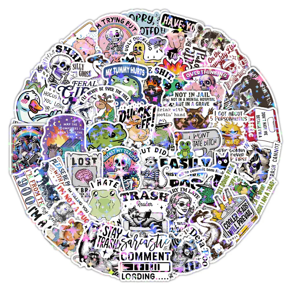 50/100PCS Holographic Funny Animal Quote Stickers, Student Stationery Notebook English Sarcasm Doodle Waterproof Decor Stickers