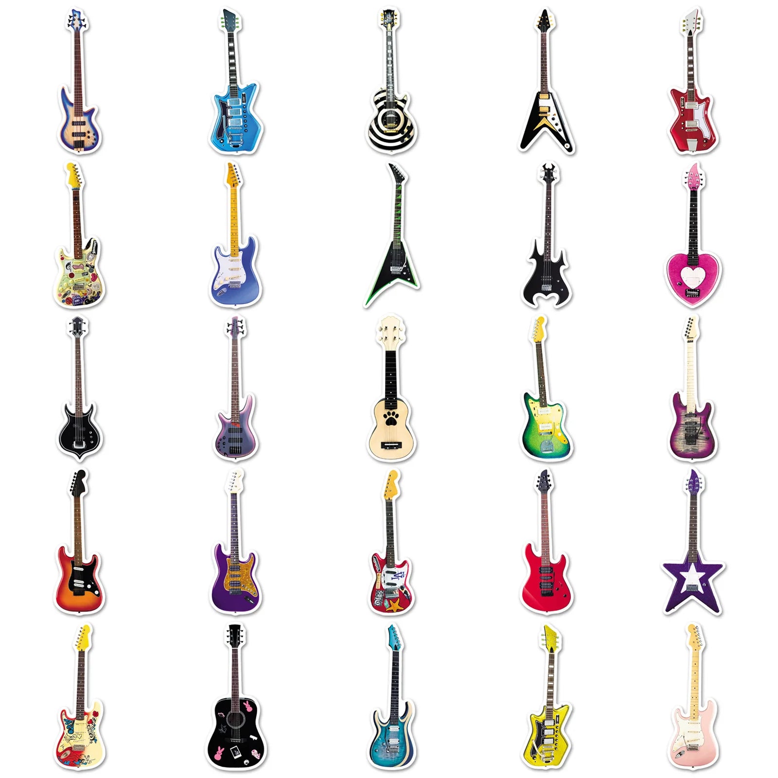 50-Pack Guitar Graffiti Stickers Cartoon Musical Instrument Decorations for Water Bottles Luggage Helmets Stationery Notebooks