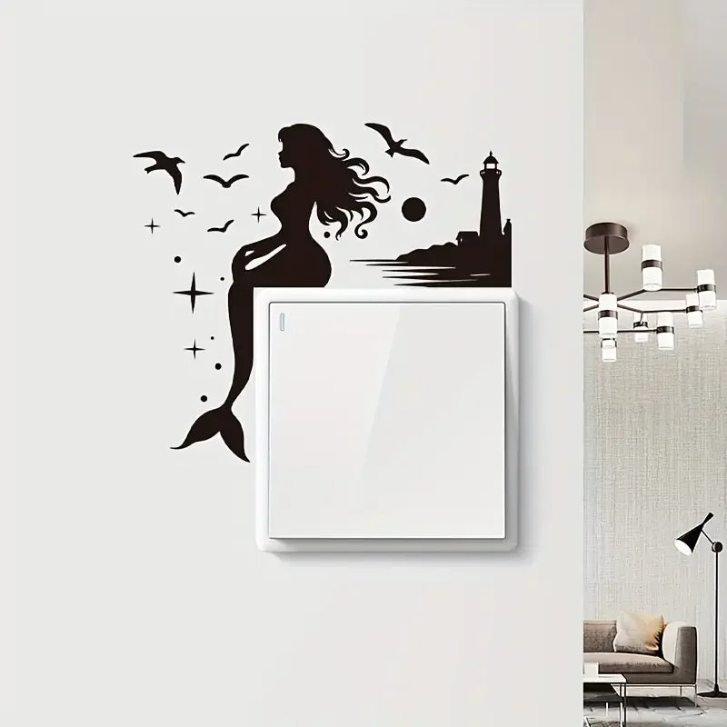 Home Decoration - Mermaid Ocean Lighthouse Black Silhouette Switch Stickers, Wall Stickers, Self Adhesive PVC Bedroom Wall Stick
