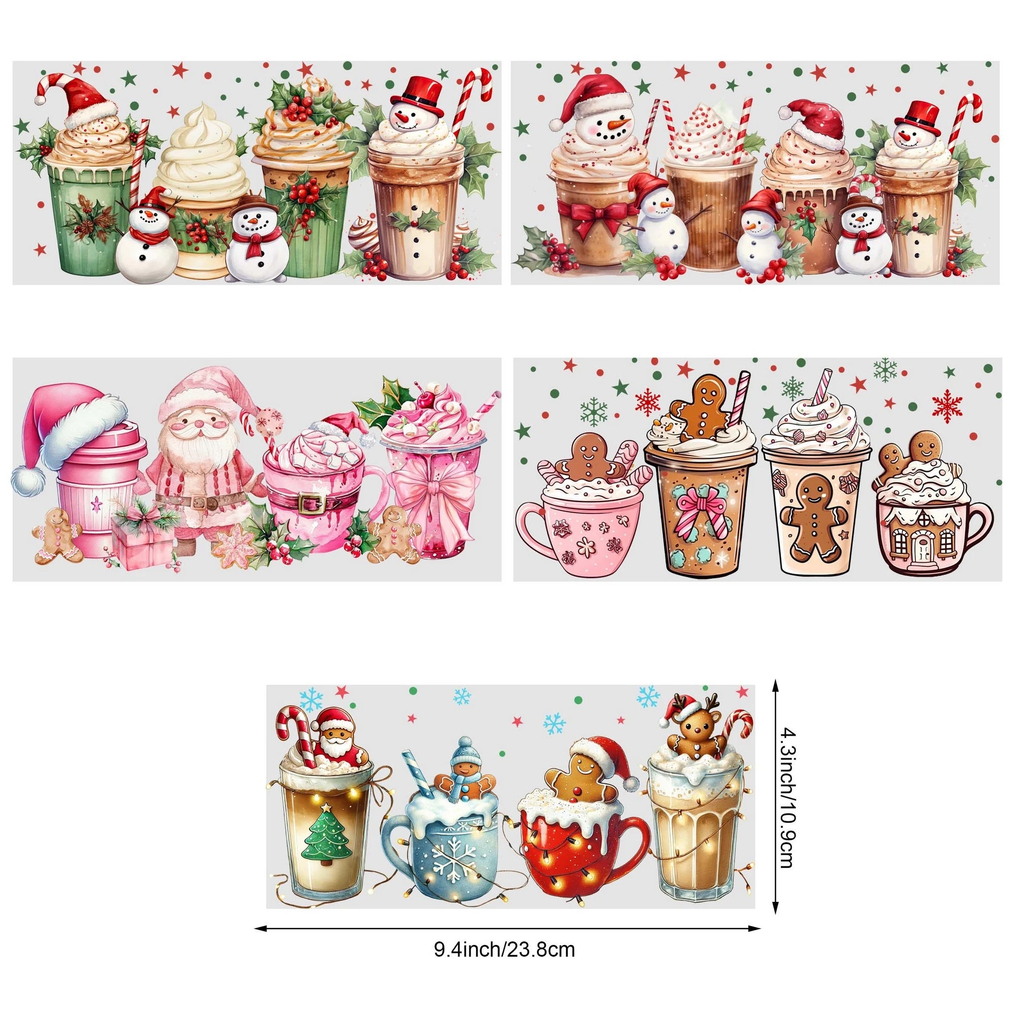 5 sheets Christmas UV DTF cup stickers, DTF transfer stickers, waterproof wipe transfer paper for 16oz glass, mug, furniture