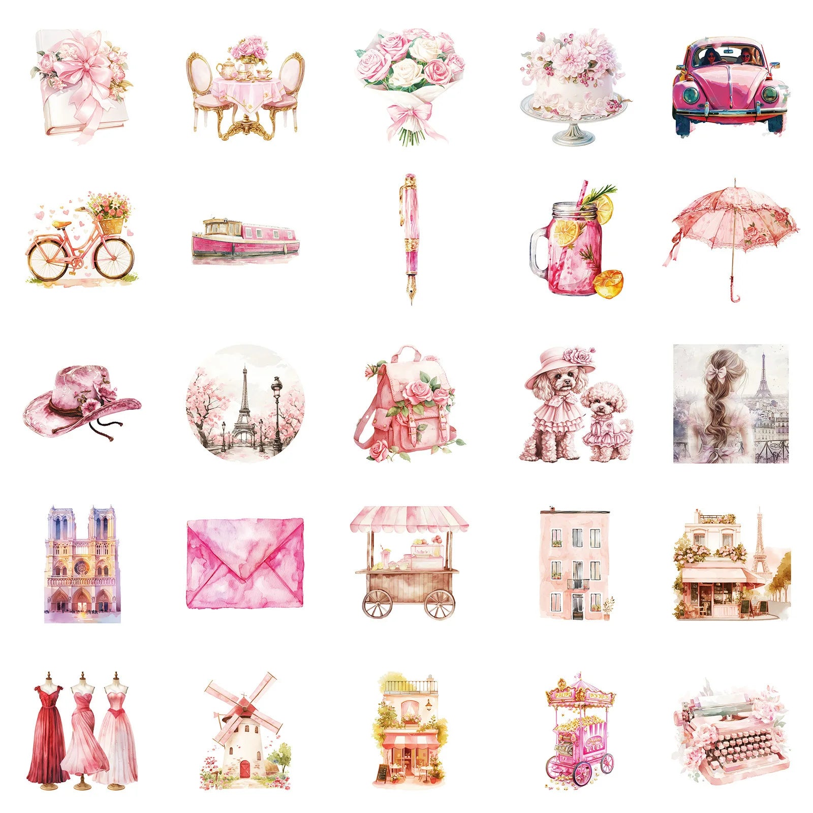 50/100PCS Pink Retro Paris Items Waterproof Stickers DIY Mobile Skateboarding Creative Stationery Stickers